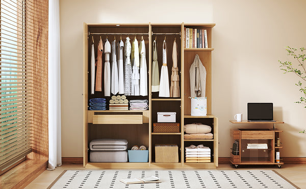 English Elm 4-Door Wardrobe with Full-Length Mirror, Dust-Proof Compartments, Shoe Door & Anti-Tip Safety Features Natural N820S00056N