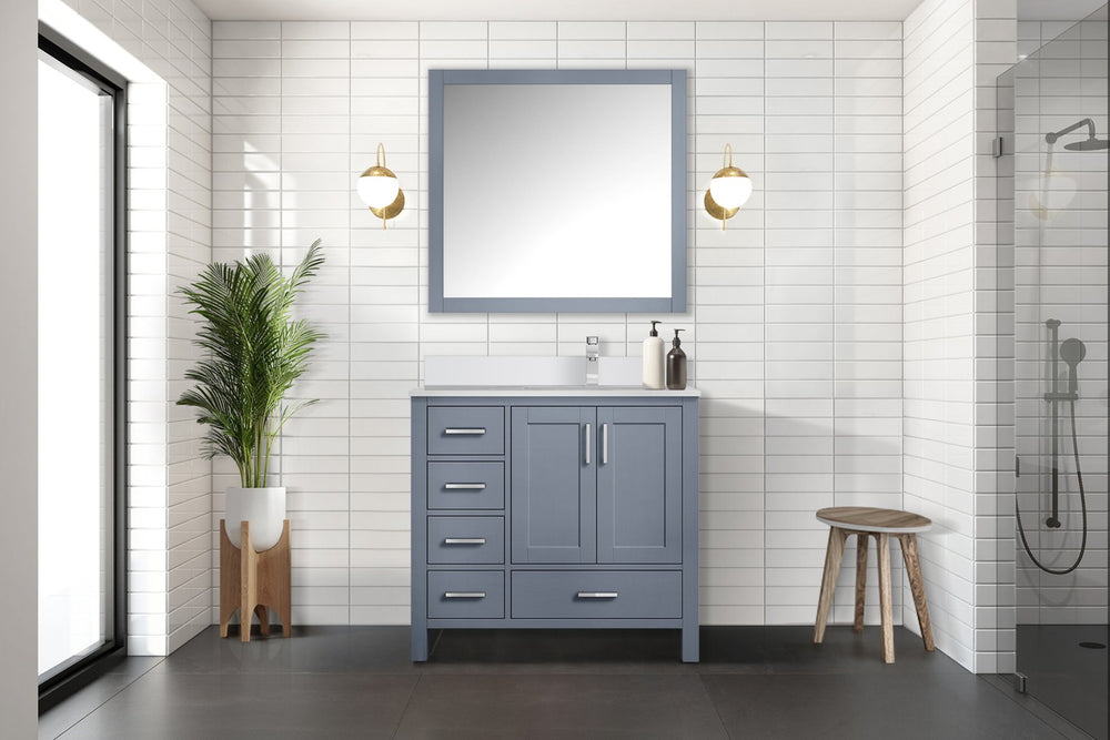 English Elm Dark Grey 36 in Bath Vanity with Right Offset White Quartz Top, Soft-Close Drawers, Faucet Set B2731P259032
