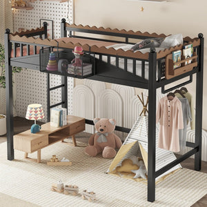 English Elm Twin Kids Platform Bed with Trundle Staircase Bookshelf and Rounded Safety Rails W1580S00380