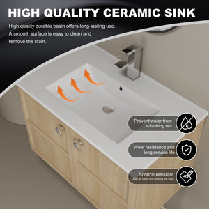 English Elm 30" Oak Wall-Mounted Bathroom Vanity with Ceramic Sink, 2 Soft-Closing Doors, Plywood Build, Space-Saving Design W1972S00022