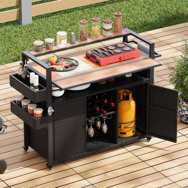 English Elm K&K Wicker Outdoor Grill Cart with Foldable Drop Leaf, Locking Wheels, Wine Rack & Ample Storage Black Brown N707P233747B