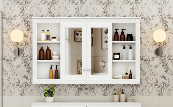 English Elm 47 Inch Wall Mounted Medicine Cabinet with Mirror Open Shelving and Adjustable Storage N710P363550K