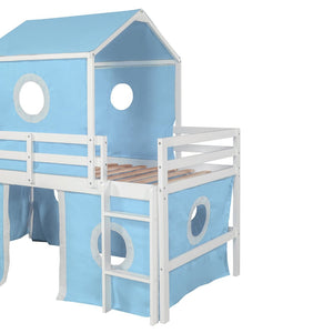 English Elm Twin Castle Loft Bed with Slide Tent and Tower Pinewood Playhouse Frame for Kids N708P249475C