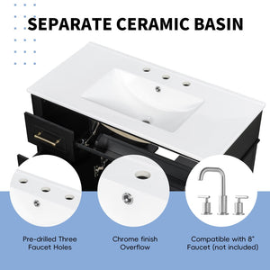 English Elm 36 Inch Freestanding Bathroom Vanity Sage Pine Cabinet Gold Hardware Ceramic Sink Black N725P366466B