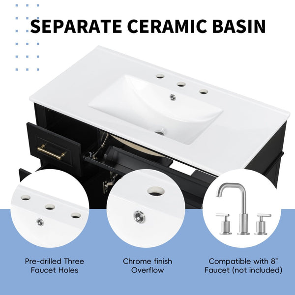 English Elm 36 Inch Freestanding Bathroom Vanity Sage Pine Cabinet Gold Hardware Ceramic Sink Black N725P366466B