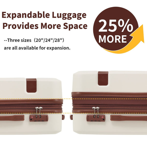 English Elm 4 Piece Hard Shell Abs Luggage Set with Spinner Wheels Tsa Lock and Packing Cubes Brown+White N732P197378K