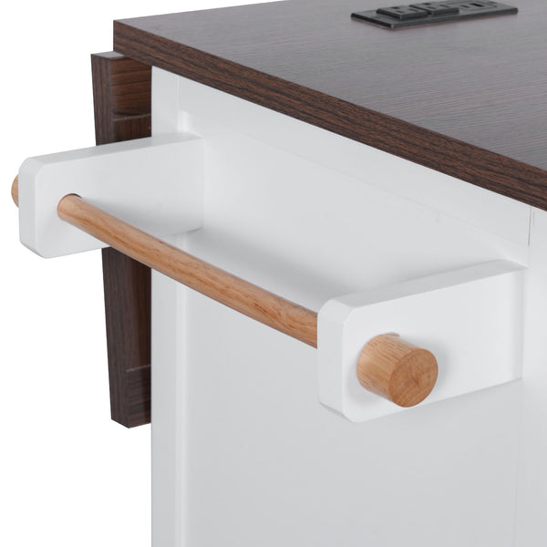 English Elm K&K 54.9" Farmhouse Kitchen Island Cart with Drop Leaf, Charging Station, Barn Doors & Glass Pane White N707P300277W