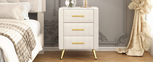 English Elm Upholstered Velvet Nightstand with Faux Marble Top Three Drawers and Slim Metal Legs Beige N733P208520A