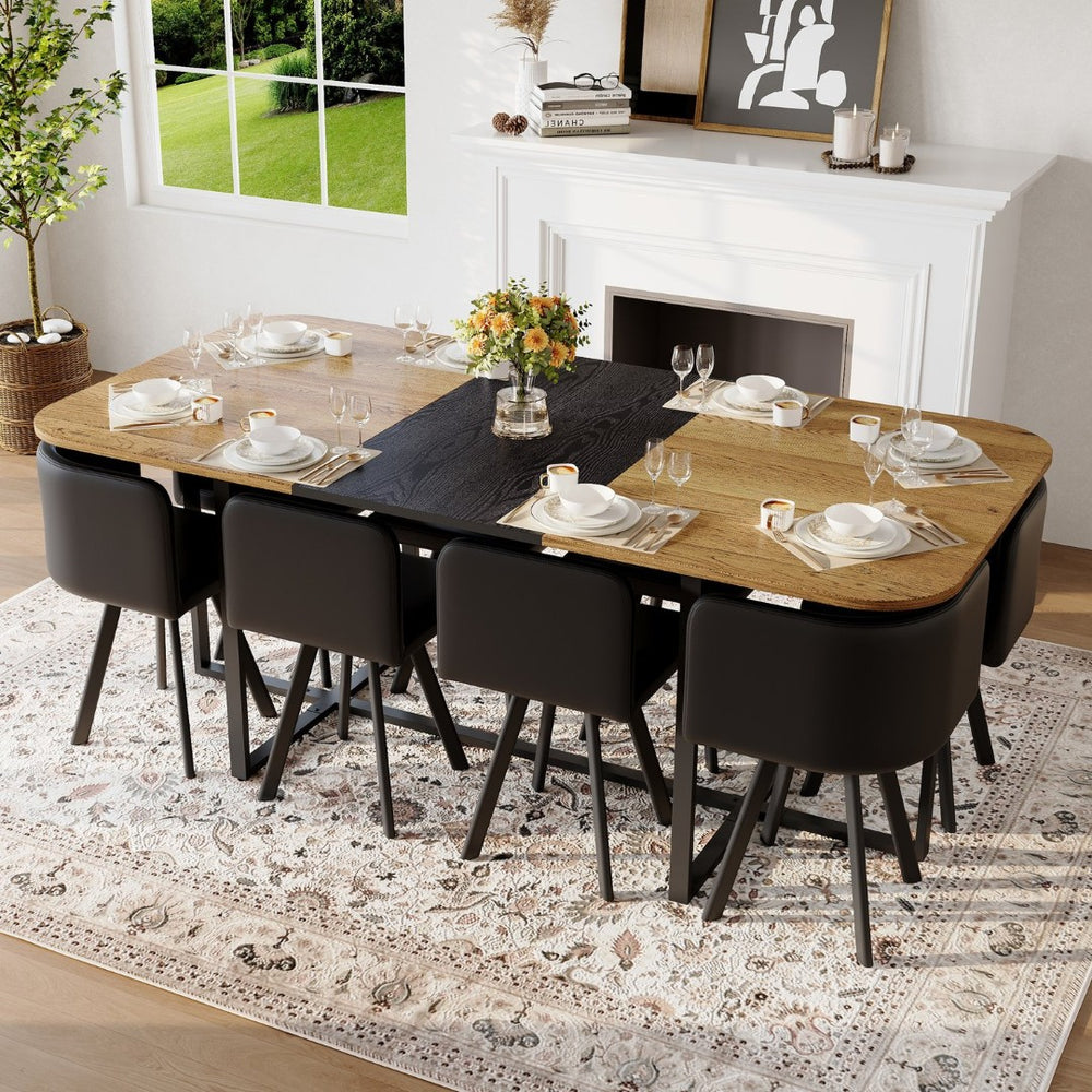English Elm 9 Piece Industrial Modern Dining Set Two Tone Wood Table with 8 Pu Leather Chairs W3875S00106