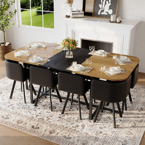 English Elm 9 Piece Industrial Modern Dining Set Two Tone Wood Table with 8 Pu Leather Chairs W3875S00106