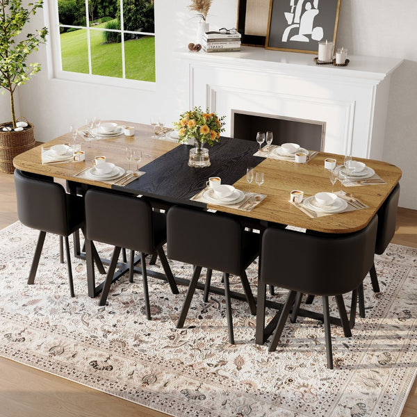English Elm 9 Piece Industrial Modern Dining Set Two Tone Wood Table with 8 Pu Leather Chairs W3875S00106