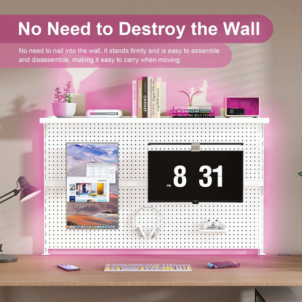 English Elm Metal Pegboard Workstation Organizer Dual Monitor Arms Powder Coated Steel Gaming Desk White W2700P346781