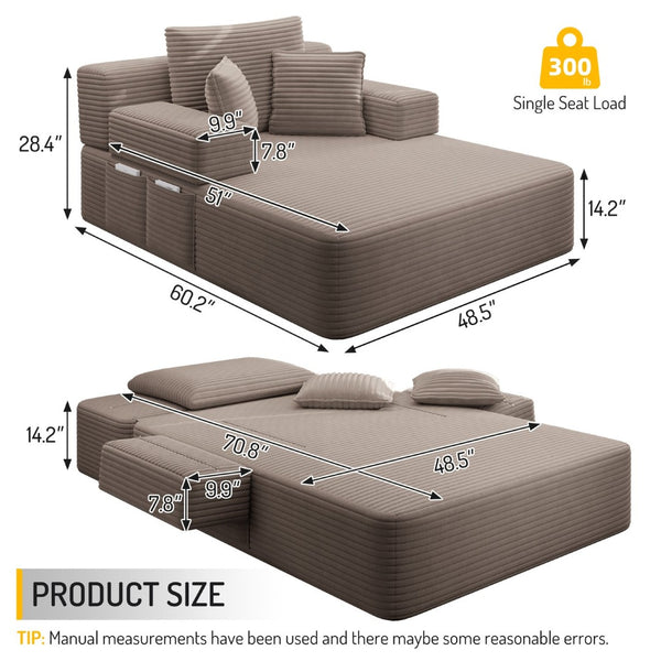 English Elm Luxurious Corduroy Frameless Chaise with Sleeper Conversion Foam Cushioning and Storage Pocket Coffee W3219P459757
