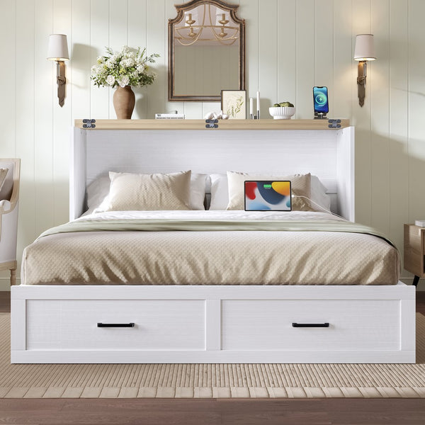 English Elm Murphy Full-Size Cabinet Bed with Built-In Charging Station, Storage Drawer & 700lb Capacity Comfort White 57.25 L x 27 W x 6 H N733S293997W