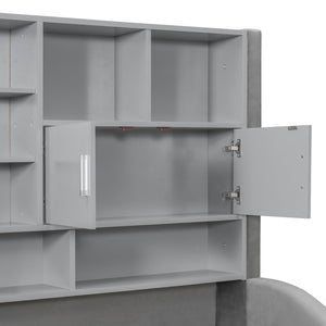 English Elm Twin Upholstered Daybed with LED Armrest Lighting, Hidden Storage Shelves & Lift-Up Pull-Out Trundle Gray SF000198AAE