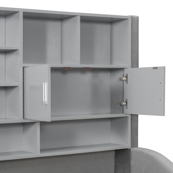 English Elm Twin Upholstered Daybed with LED Armrest Lighting, Hidden Storage Shelves & Lift-Up Pull-Out Trundle Gray SF000198AAE