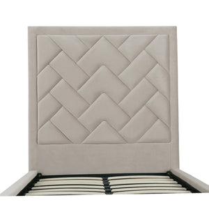 English Elm Crosby Upholstered Velvet Twin Bed in Greige with Chevron Headboard, Solid Slats, Foam Padding, No Box Spring Needed B365S00043