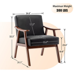 English Elm Mid-Century curved armchair with solid wood frame, extra-thick backrest, comfy lounge seat for home decor Black PU W2200P186174