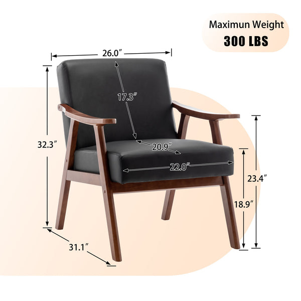 English Elm Mid-Century curved armchair with solid wood frame, extra-thick backrest, comfy lounge seat for home decor Black PU W2200P186174