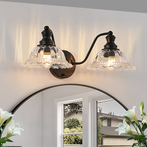 English Elm 20 Inch 2-Light Vintage Bathroom Wall Sconce with Iron and Glass Shades – Elegant Vanity Lighting for Mirror and Hallway Black W2312P374842