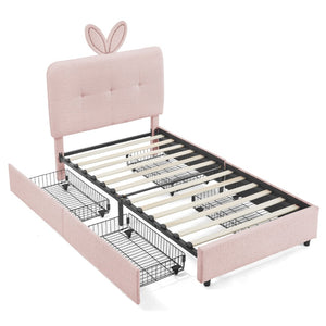 English Elm Twin Kids Boucle Upholstered Bed Rabbit Ear Headboard Led Lighting Four Storage Drawers Pink W1413P384920