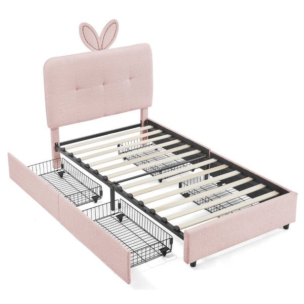 English Elm Twin Kids Boucle Upholstered Bed Rabbit Ear Headboard Led Lighting Four Storage Drawers Pink W1413P384920