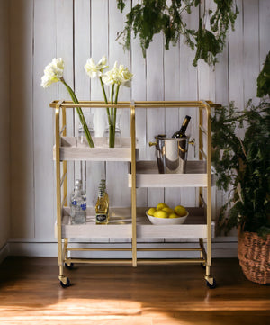 English Elm Vorrik Gold & White Washed Serving Cart with 3 Removable Wooden Trays, Metal Frame & Casters, Durable Storage B2726P286821