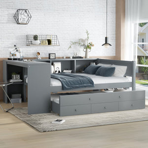 English Elm Full Size Daybed With Trundle, Stylish Gray Frame, Storage Drawers, Desk & Ultimate Space Saver W1580S00206