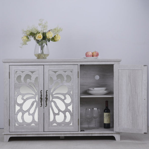 English Elm 49.33" Mirrored Lattice Buffet Cabinet with Adjustable Shelves Vintage Wood Grain Sideboard Light Gray W2899P372742