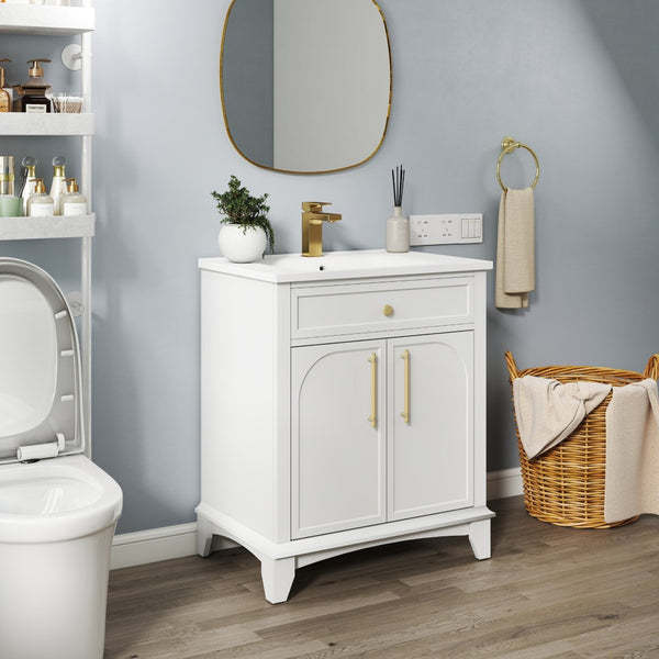 English Elm 27.8" Mid-century Freestanding Bathroom Vanity with Ceramic Sink Drawer and Wood Base White W1801S00004