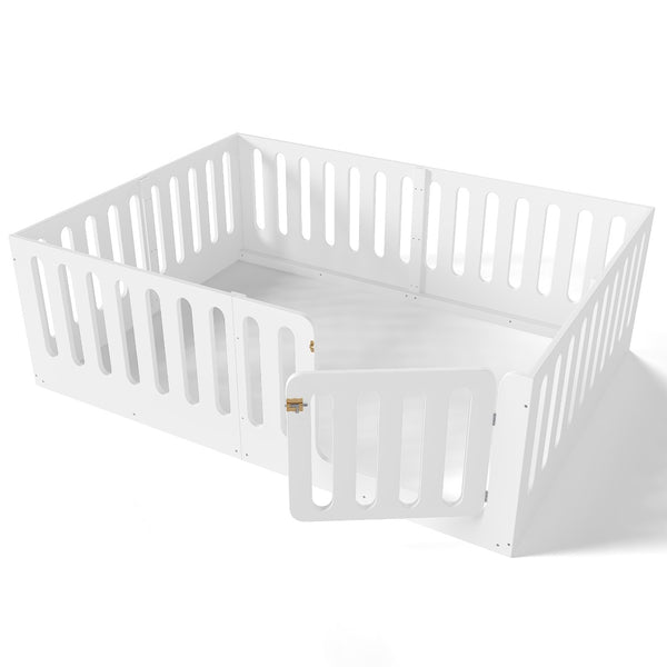 English Elm Queen Solid Pine Montessori Floor Bed for Kids with House Frame and Built-in Door Light White W5305P420638