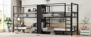 English Elm Twin Quadruple Metal Bunk Bed with Central Closet, Shelves & Wardrobe for Space-Saving Dormitory Living Black W1580S00154