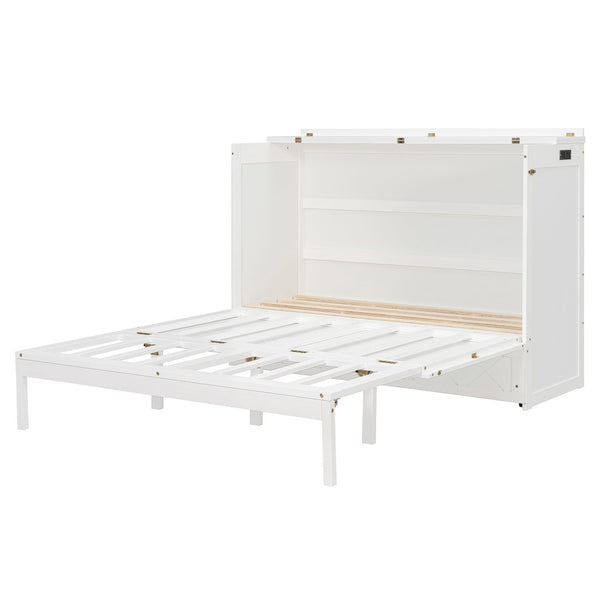 English Elm Queen Murphy Wall Bed Cabinet with Storage Drawer Built-in Power Outlets Usb Ports White LP000400AAK-1