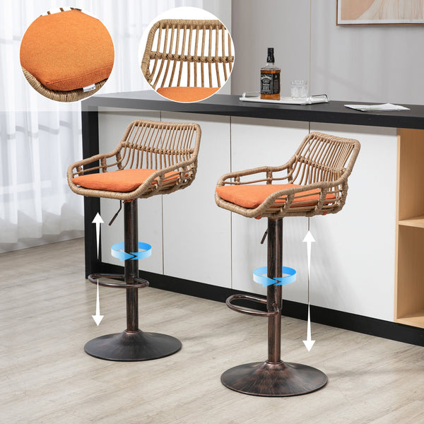 English Elm Modern Swivel Bar Stools Set of 2 Adjustable Counter Height Chairs with Linen Seat, Retro Rattan Back, 360° Rotation and Footrest, Vintage Gold Base, Durable Indoor/Outdoor Seating (Seat Height 25.6–33.9") Orange W39594824