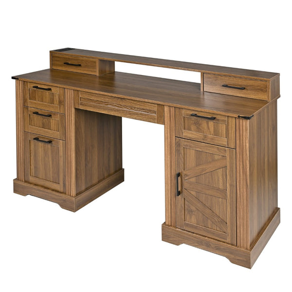 English Elm 59" Fluted Oak L-shaped Corner Desk with Charging Station Monitor Stand and File Storage Dark Walnut W2917S00007