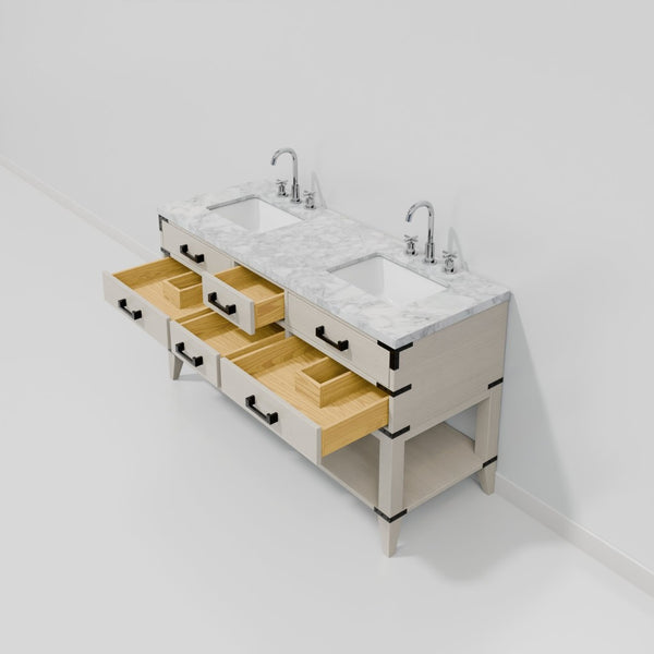 English Elm White Oak Double Bath Vanity With Carrara Marble Top & Chrome Faucet – Elegant Storage Solution B2731P260281-GIGA