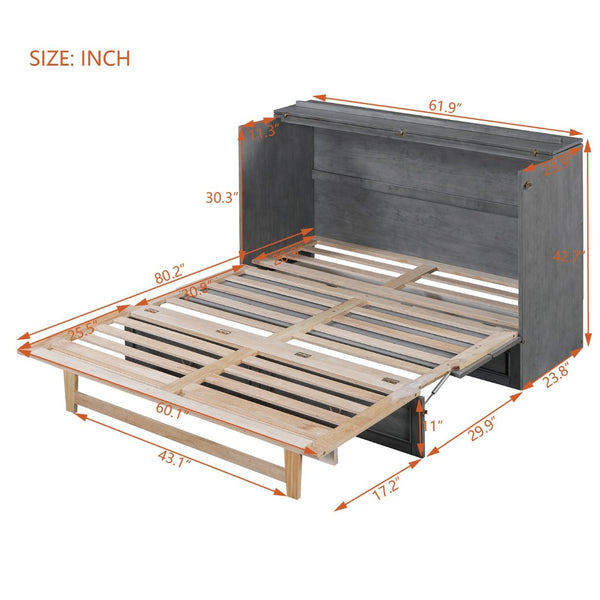 English Elm Queen Murphy Wall Bed with Rattan Panel Cabinet and Storage Drawers for Studio Rooms Gray LP000676AAE