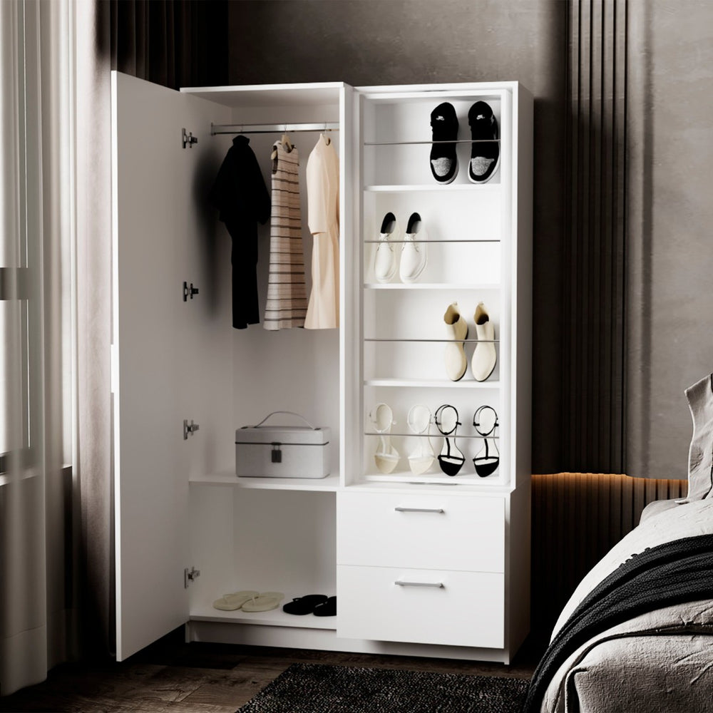 English Elm White Armoire Wardrobe: Stylish Open Storage, 2 Drawers & Built-In Mirror For Modern Bedrooms B062S01282-GIGA