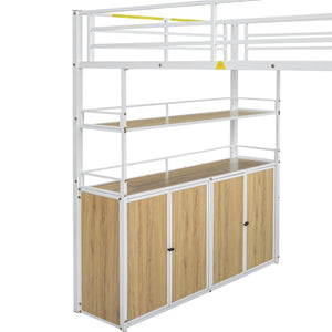 English Elm Full Size Metal Loft Bed with Desk, Storage Staircase, Wardrobe & Shelves — Space-Saving White GX002219AAK