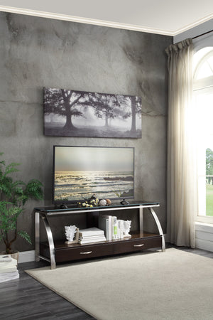 English Elm 1pc Tioga Modern TV Stand with Glass Top & Brushed Chrome Frame, Espresso Shelf, Drawers, 60" B011P289735