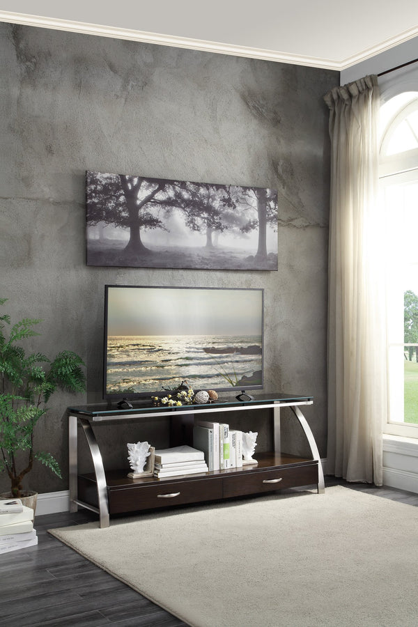 English Elm 1pc Tioga Modern TV Stand with Glass Top & Brushed Chrome Frame, Espresso Shelf, Drawers, 60" B011P289735