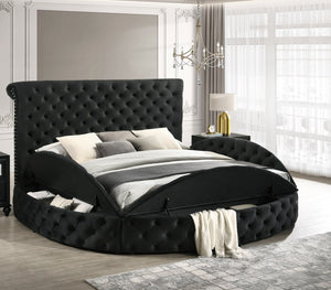 English Elm Luxurious Round King Velvet Tufted Bed with Hidden Storage, Studded Black Upholstery, Glam Centerpiece 96" B011S01794