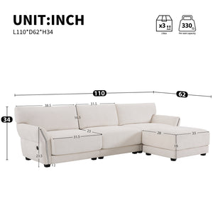 English Elm 110" Modular Sectional Sofa with Extra-Wide Chenille Seats, USB & Type-C Charging Ports, Ottoman, High-Density Foam Comfort White N723S7038K