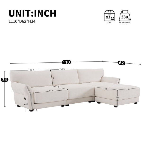 English Elm 110" Modular Sectional Sofa with Extra-Wide Chenille Seats, USB & Type-C Charging Ports, Ottoman, High-Density Foam Comfort White N723S7038K