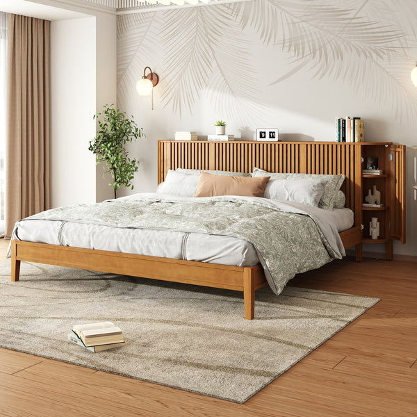 English Elm Christopher Knight Home® - King Solid Wood King Size Bed with Slat Headboard, Dual Side Storage & Display Shelves, Sturdy Comfort N758K532021N