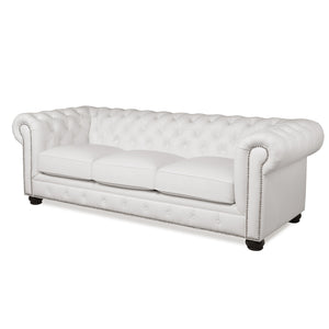 English Elm Traditional Tufted Leather Chesterfield Sofa with Feather-Down Cushions, Nailhead Trim & Wood Legs White B193P200143