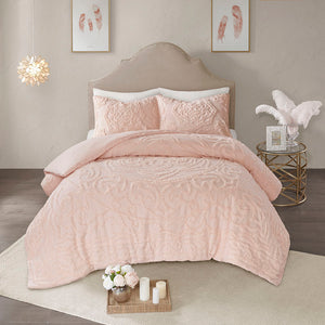 JLA Home Madison Park - 3-Piece Tufted Cotton Chenille Duvet Cover Set with Medallion Texture, Breathable OEKO-TEX Comfort Blush MP12-5981