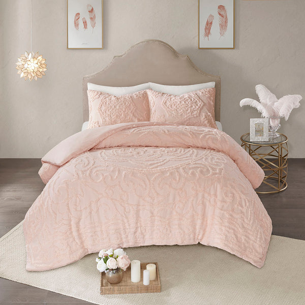 JLA Home Madison Park - 3-Piece Tufted Cotton Chenille Duvet Cover Set with Medallion Texture, Breathable OEKO-TEX Comfort Blush MP12-5981