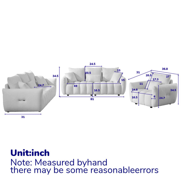 English Elm 1 Seater Modern Lounge Chair Sofa with Teddy Fleece, Wooden Frame, 7 Cushions, Sturdy 250lb Seats Beige W1193S00166