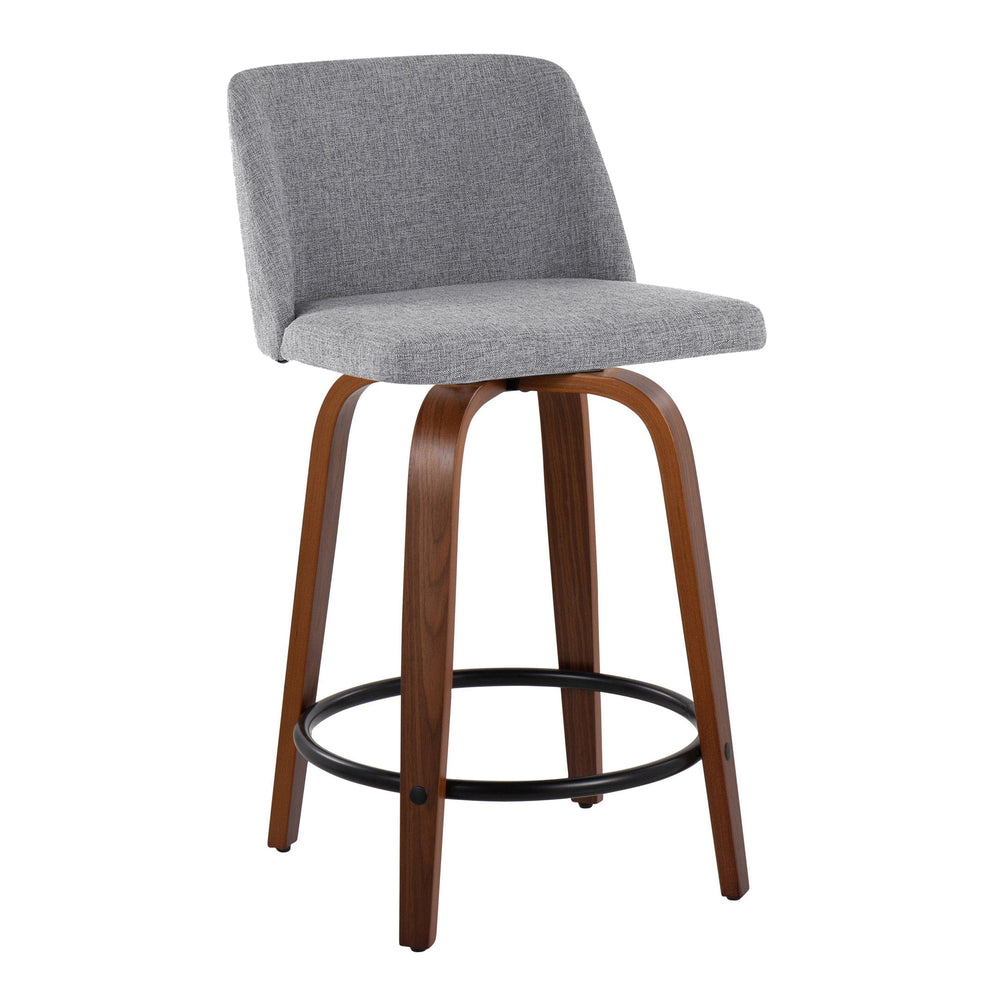 English Elm Toriano Mid-Century Counter Stool Set of 2 — 24" Fixed-Height Swivel Upholstered Seat, Walnut Finish Grey B202S00096